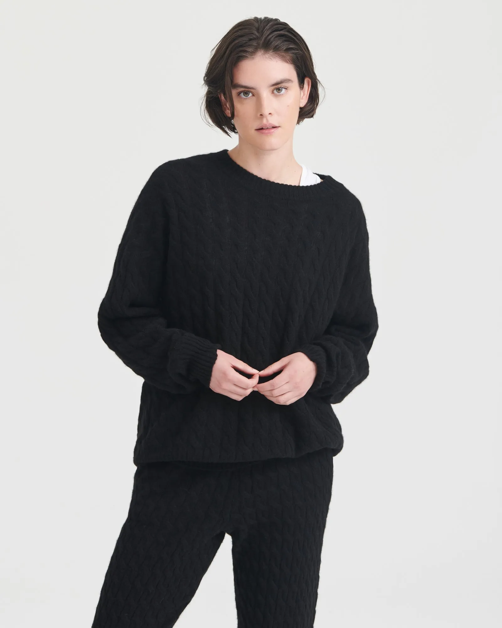 Lightweight Cashmere Cable Knit Oversized Crewneck