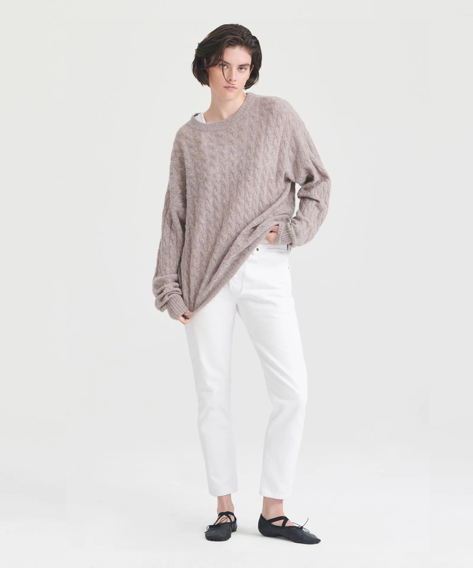 Lightweight Cashmere Cable Knit Oversized Crewneck