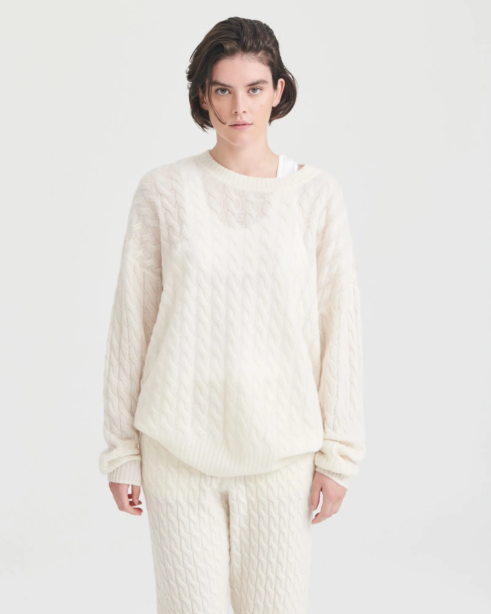 Lightweight Cashmere Cable Knit Oversized Crewneck