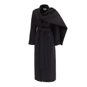 Long Wrap Coat With Drape Collar Black