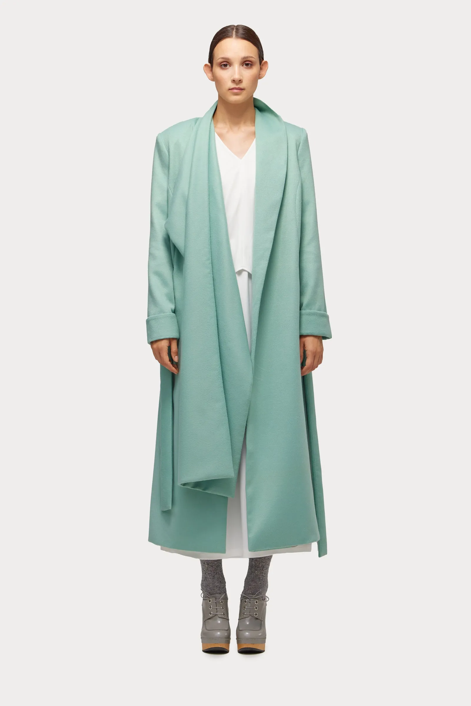 Long Wrap Coat With Drape Collar Mint