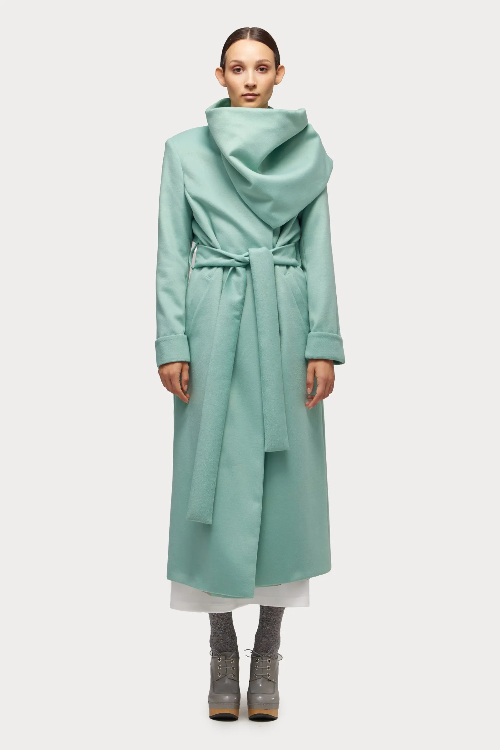 Long Wrap Coat With Drape Collar Mint