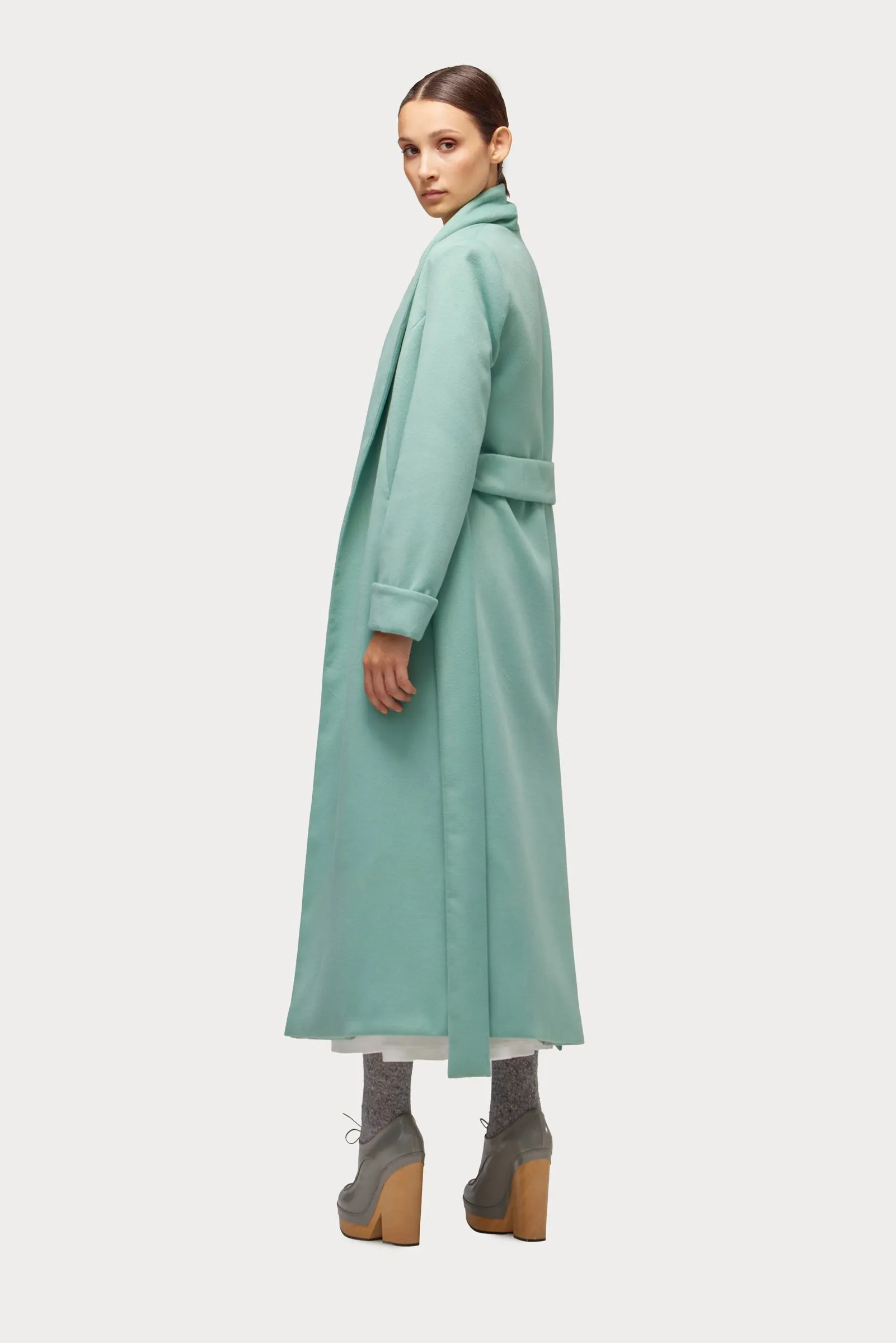 Long Wrap Coat With Drape Collar Mint