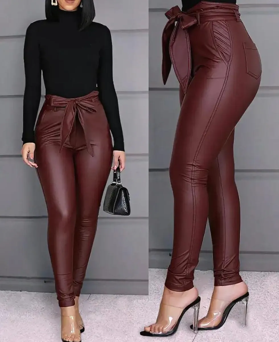 Luexco High Waist PU Leather Pant Belted Sash Sexy Skinny Pencil Trousers