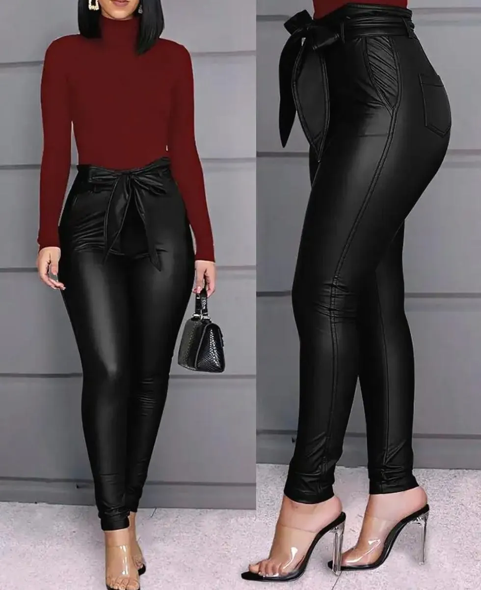 Luexco High Waist PU Leather Pant Belted Sash Sexy Skinny Pencil Trousers