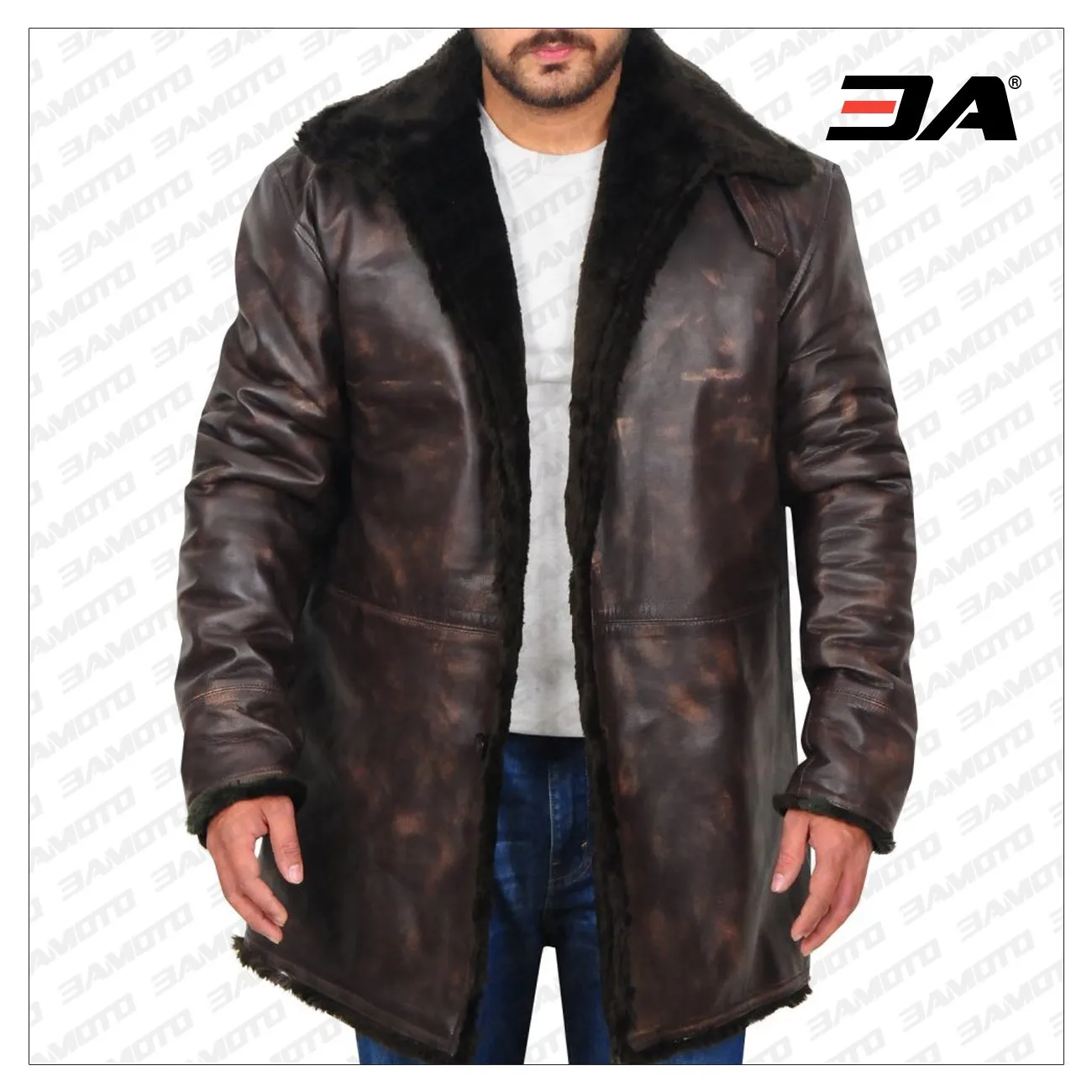 Men Distressed Brown Fur Collar Jacket