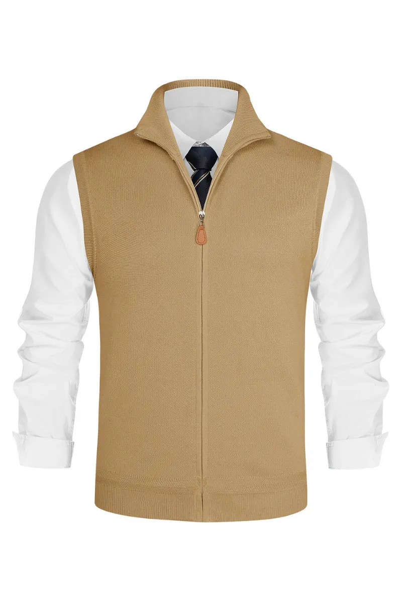 Men Stand Collar Sweater Vest Zip-up Ribbed Cuff Sleeveless Sweater