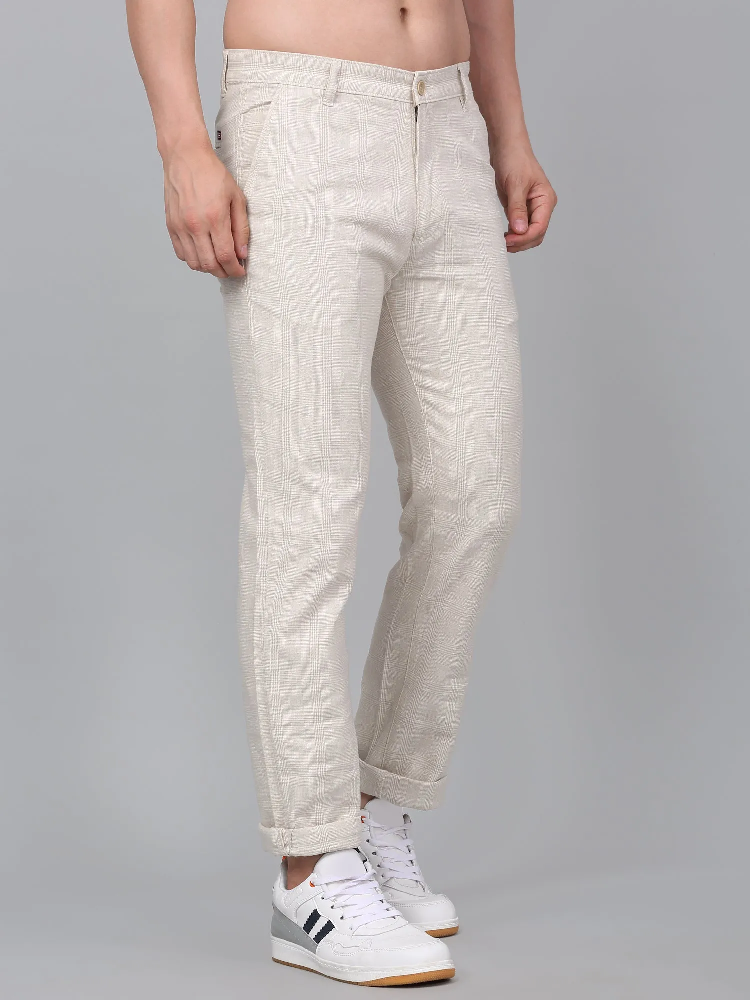 Men's Beige Checkered Non-Pleated Casual Trouser