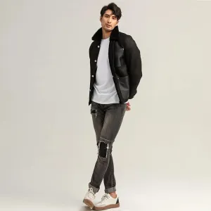 Men's Black Shearling Suede Jacket - Short Sheepskin Coat