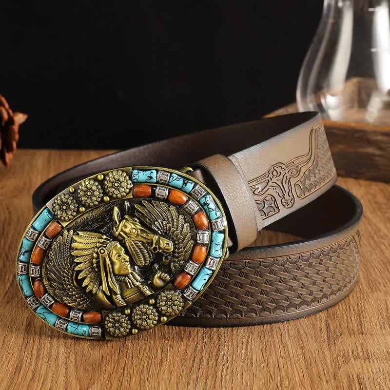 Men's Boho Indian Art Turquoise Leather Belt