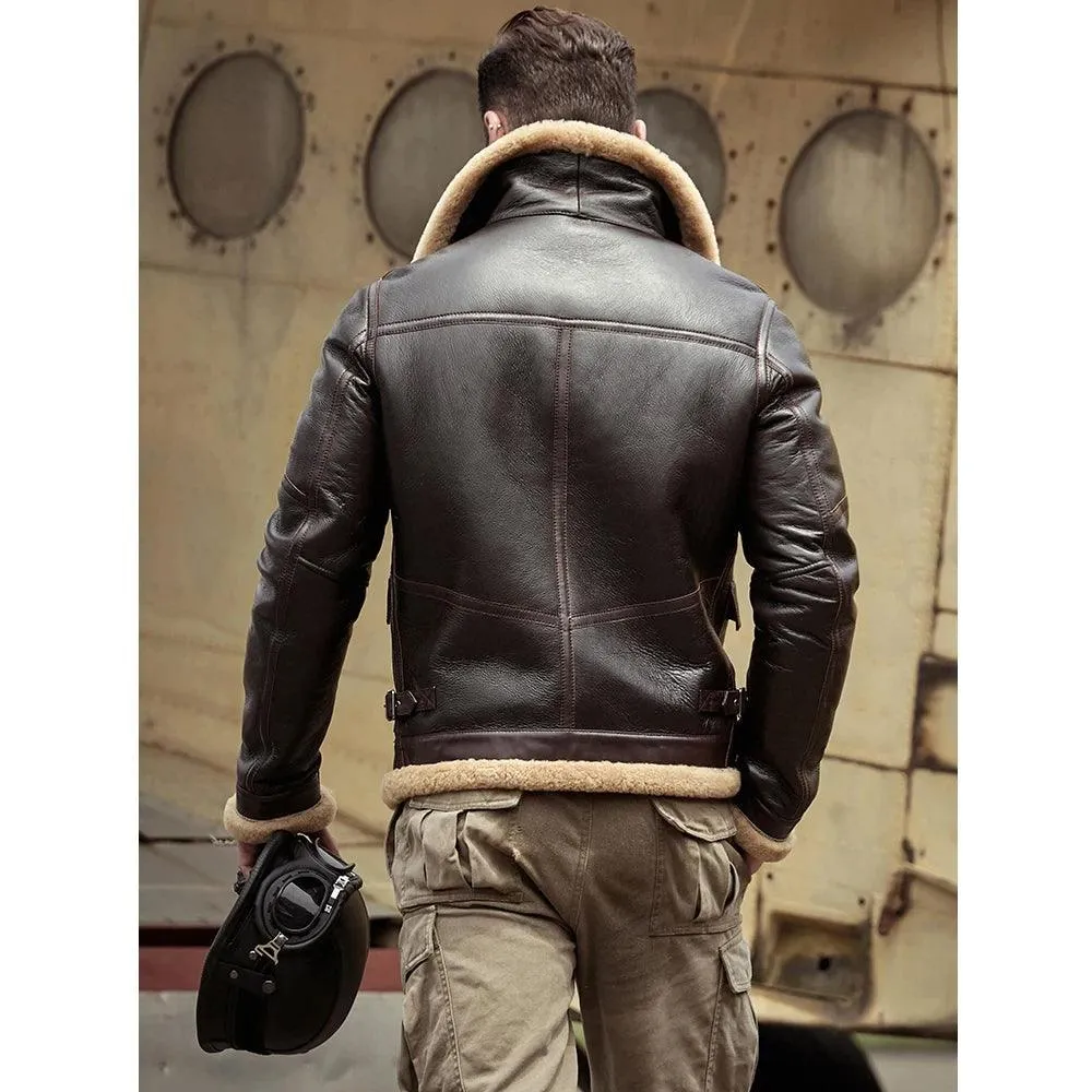 Men's Brown B3 Flight Sheepskin Shearling Leather Jacket Coat