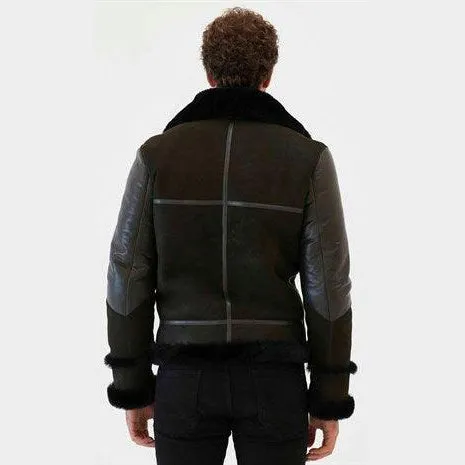 Men's Dark Green & Black Aviator Shearling Jacket