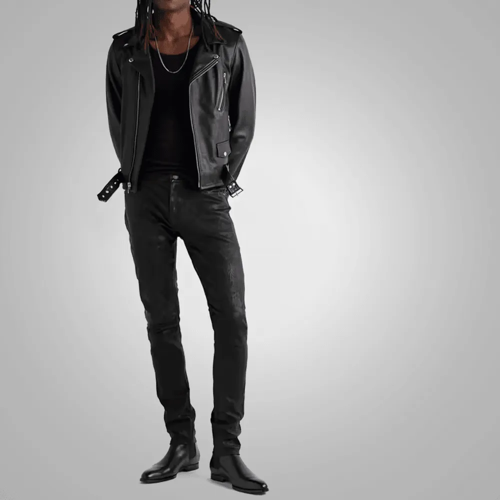 Men's Fashion Black Cowhide Leather Biker Pant