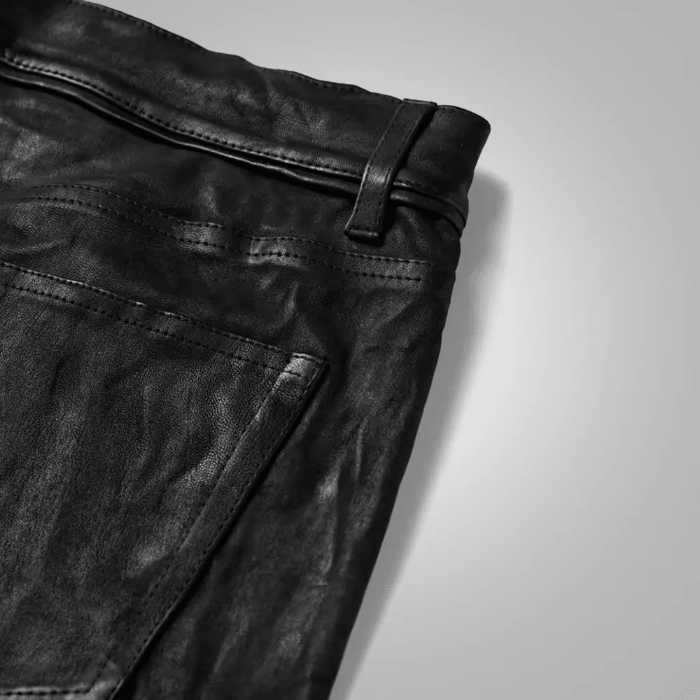 Men's Fashion Black Cowhide Leather Biker Pant