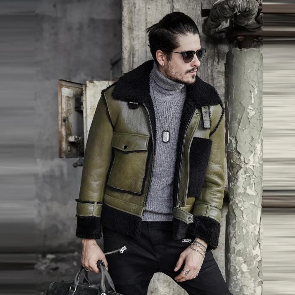 Men's Green RAF Flying Pilot Sheepskin Shearling Leather Jacket