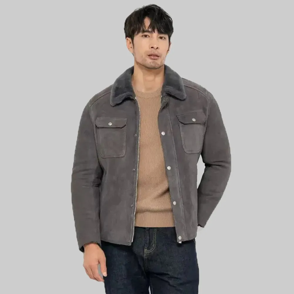 Men's Grey Shearling Suede Jacket - Sheepskin Coat