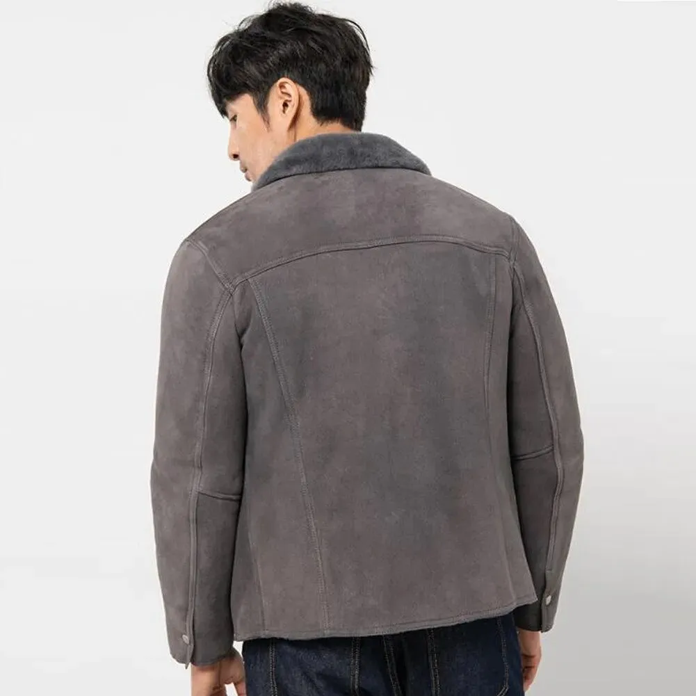 Men's Grey Shearling Suede Jacket - Sheepskin Coat