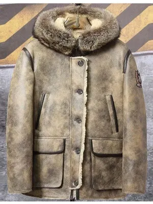 Men's Shearling Hooded Collar Leather Bomber Jacket