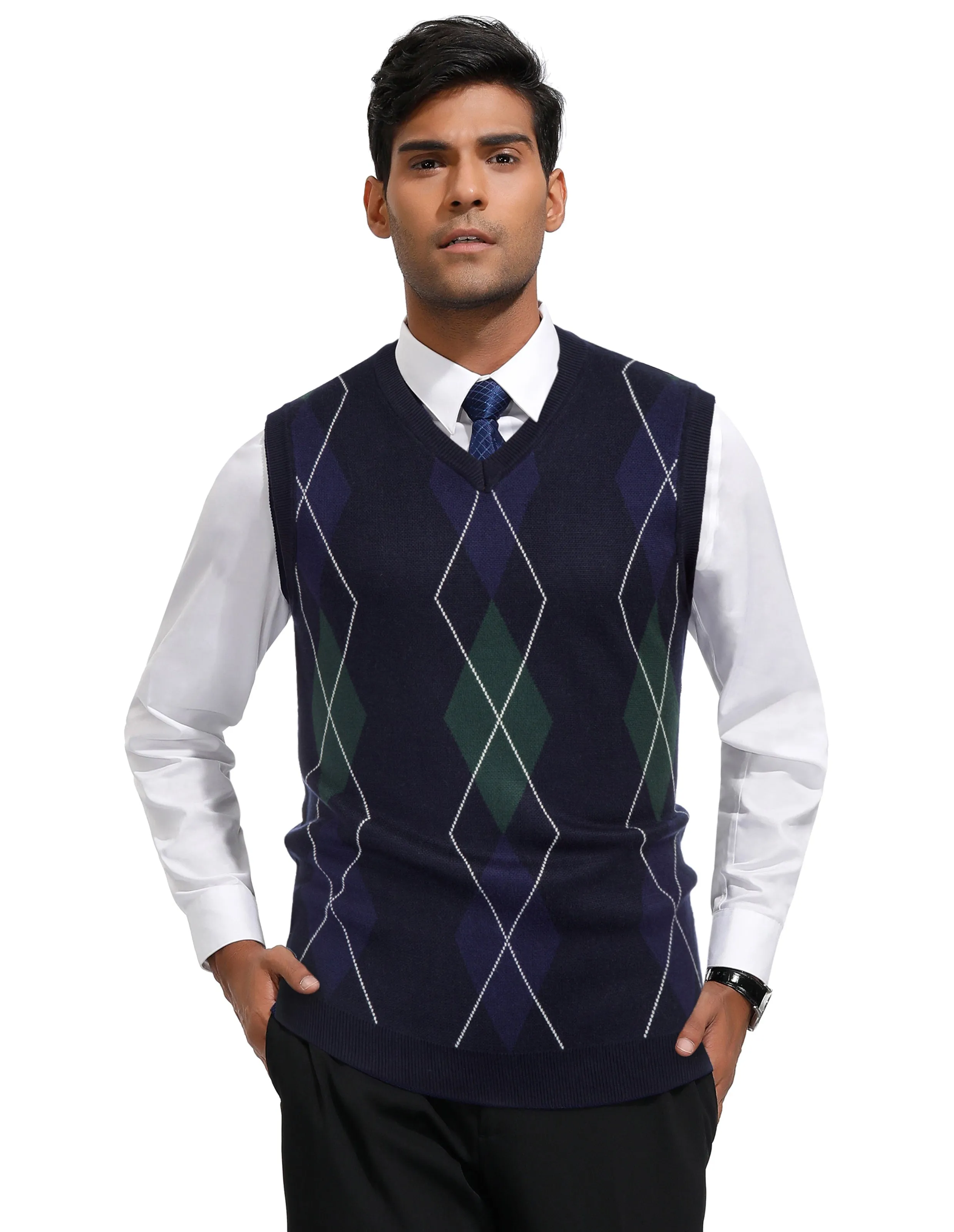 Men's Soft Argyle Sweater Vest Slim Fit V-Neck Knitted Pullover Vest