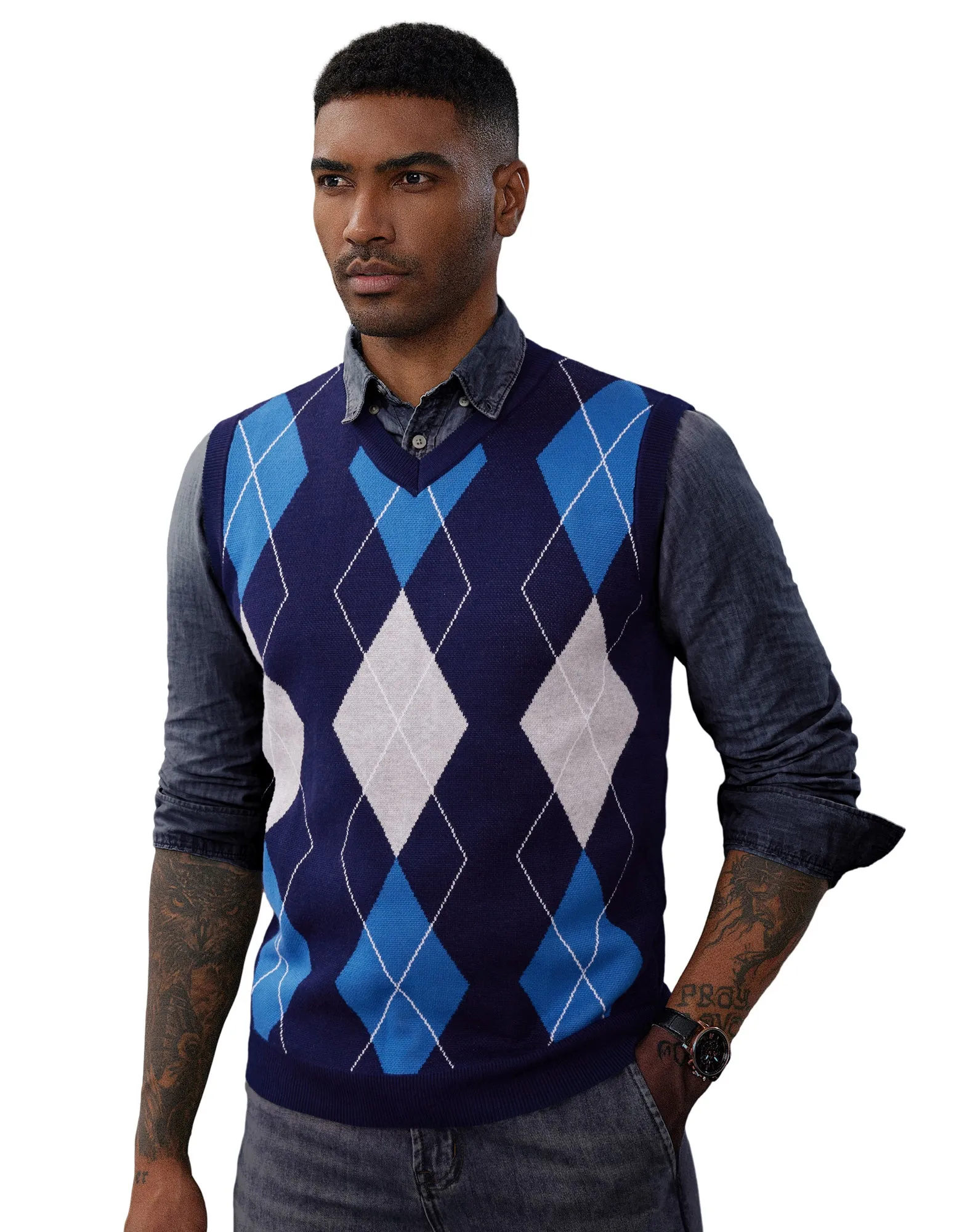 Men's Soft Argyle Sweater Vest Slim Fit V-Neck Knitted Pullover Vest