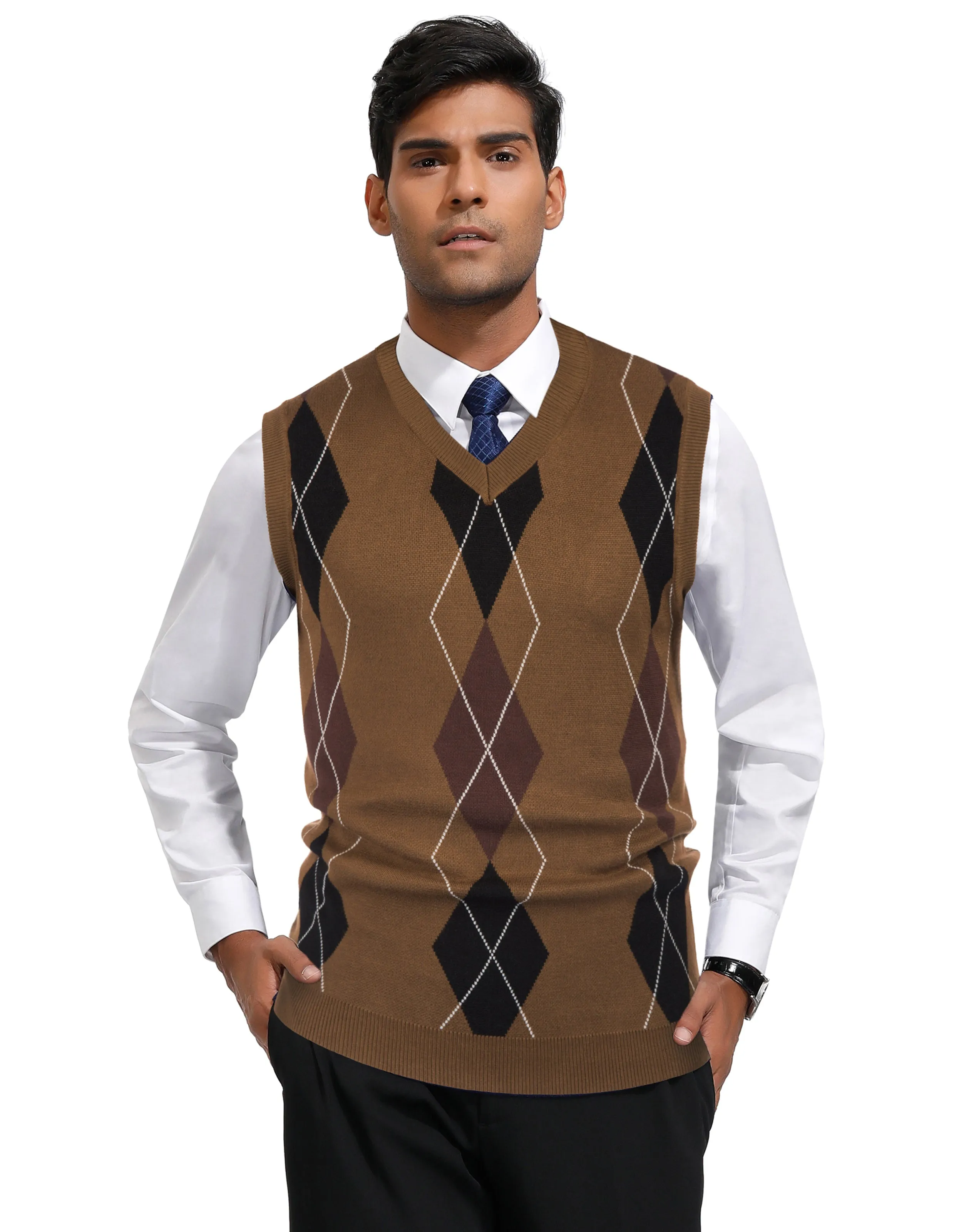 Men's Soft Argyle Sweater Vest Slim Fit V-Neck Knitted Pullover Vest