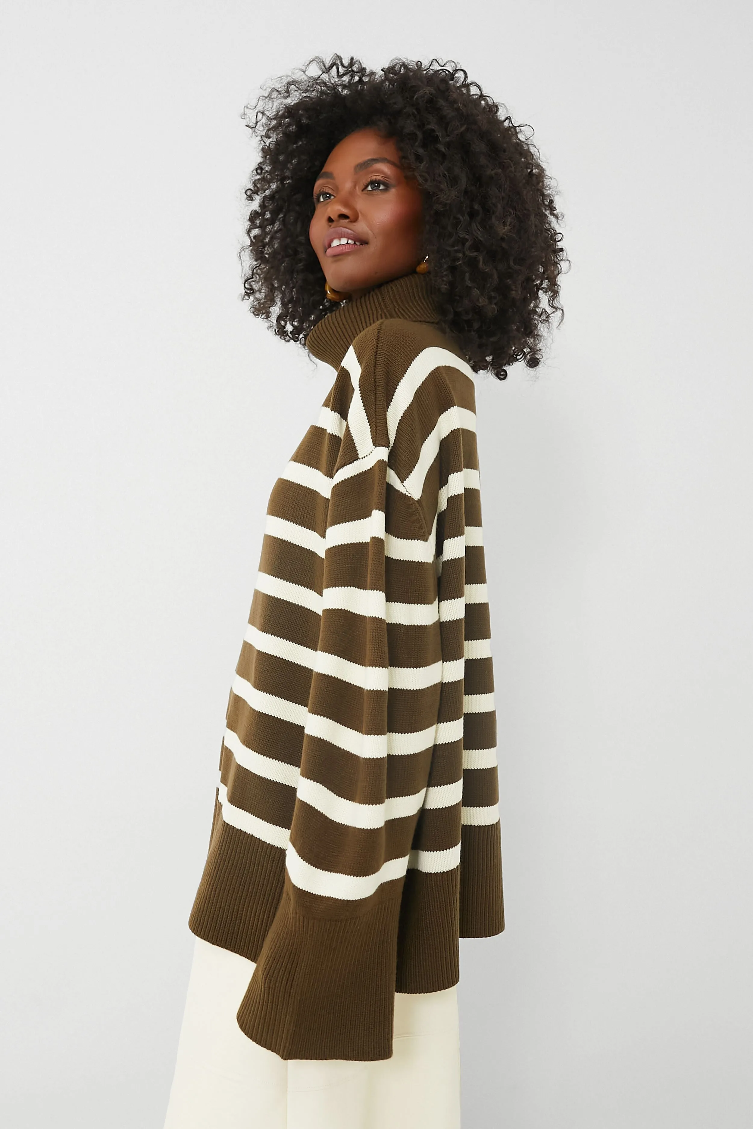 Military Olive and Ecru Striped Turtleneck Sweater