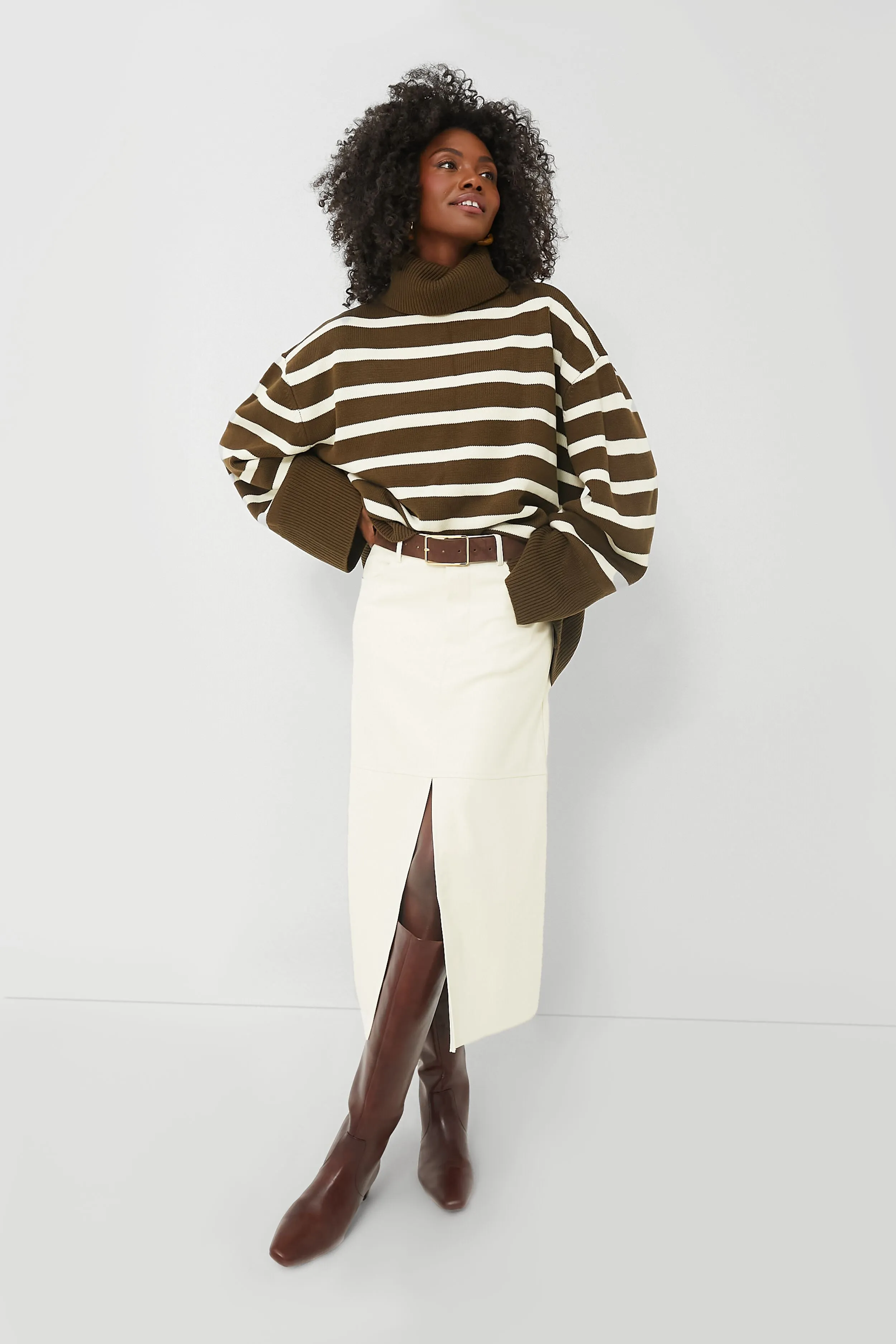 Military Olive and Ecru Striped Turtleneck Sweater