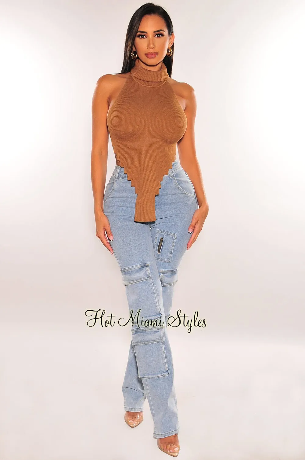 Mocha Ribbed Knit TurtleNeck Sleeveless Asymmetrical Crop Top