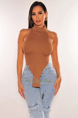 Mocha Ribbed Knit TurtleNeck Sleeveless Asymmetrical Crop Top