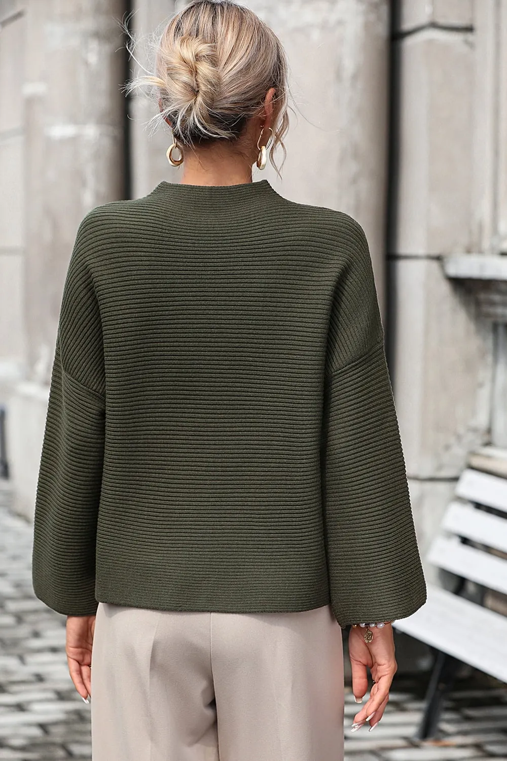 Mock Neck Dropped Shoulder Pullover Sweater | Casual Basic Knit