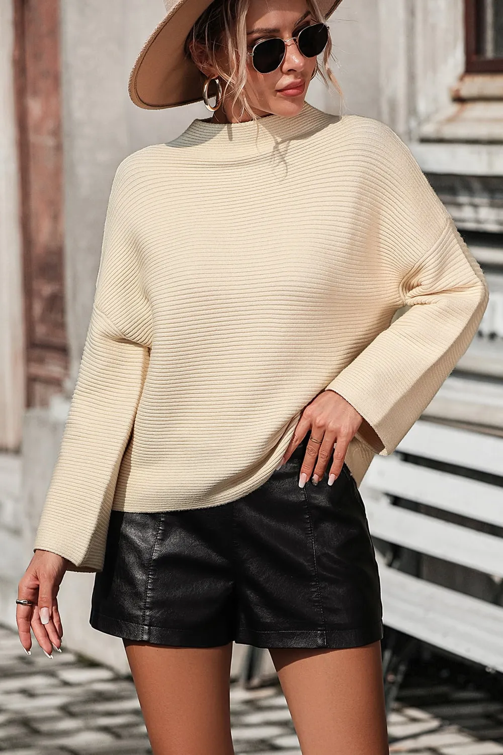 Mock Neck Dropped Shoulder Pullover Sweater | Casual Basic Knit