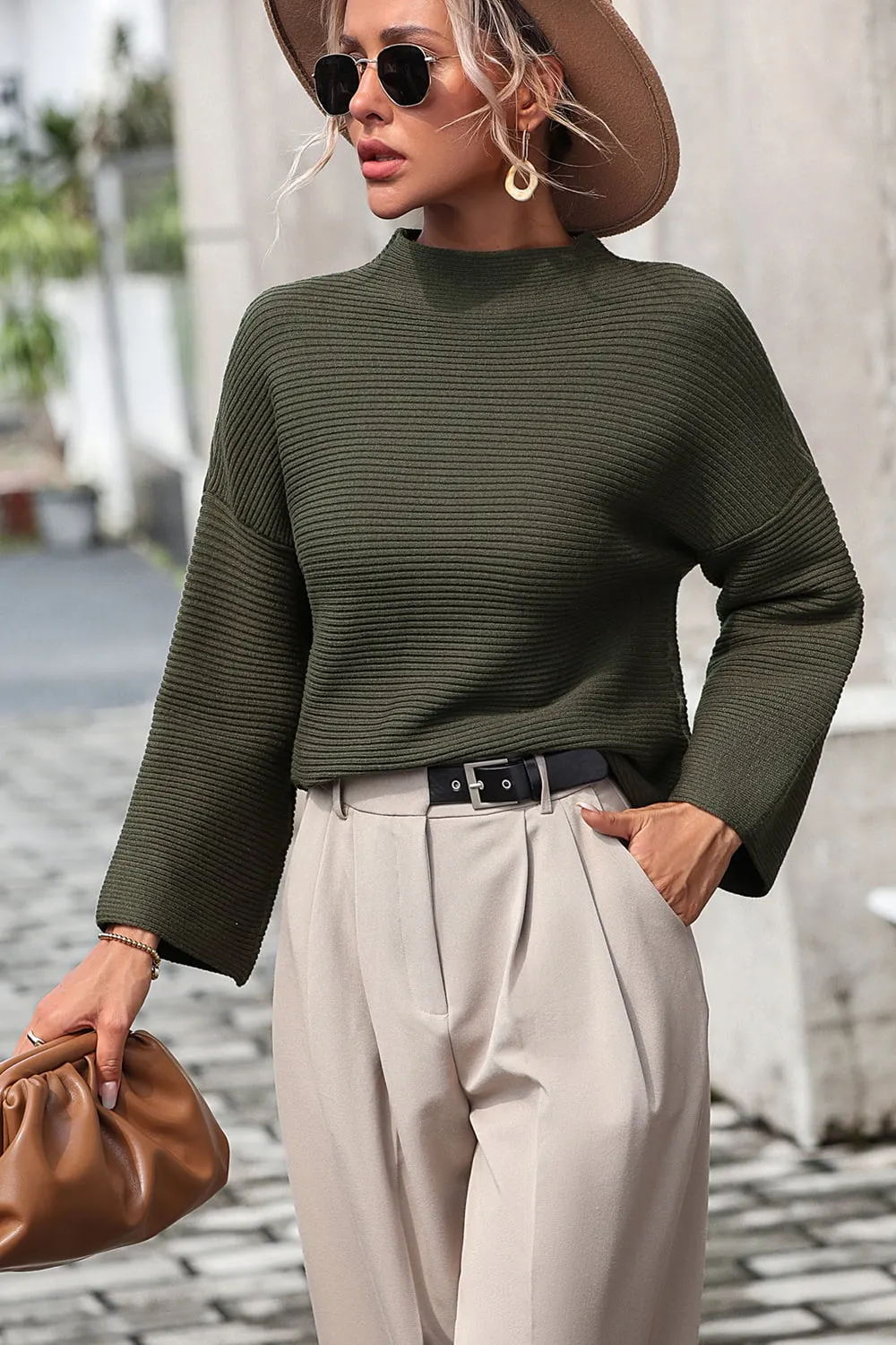 Mock Neck Dropped Shoulder Pullover Sweater | Casual Basic Knit