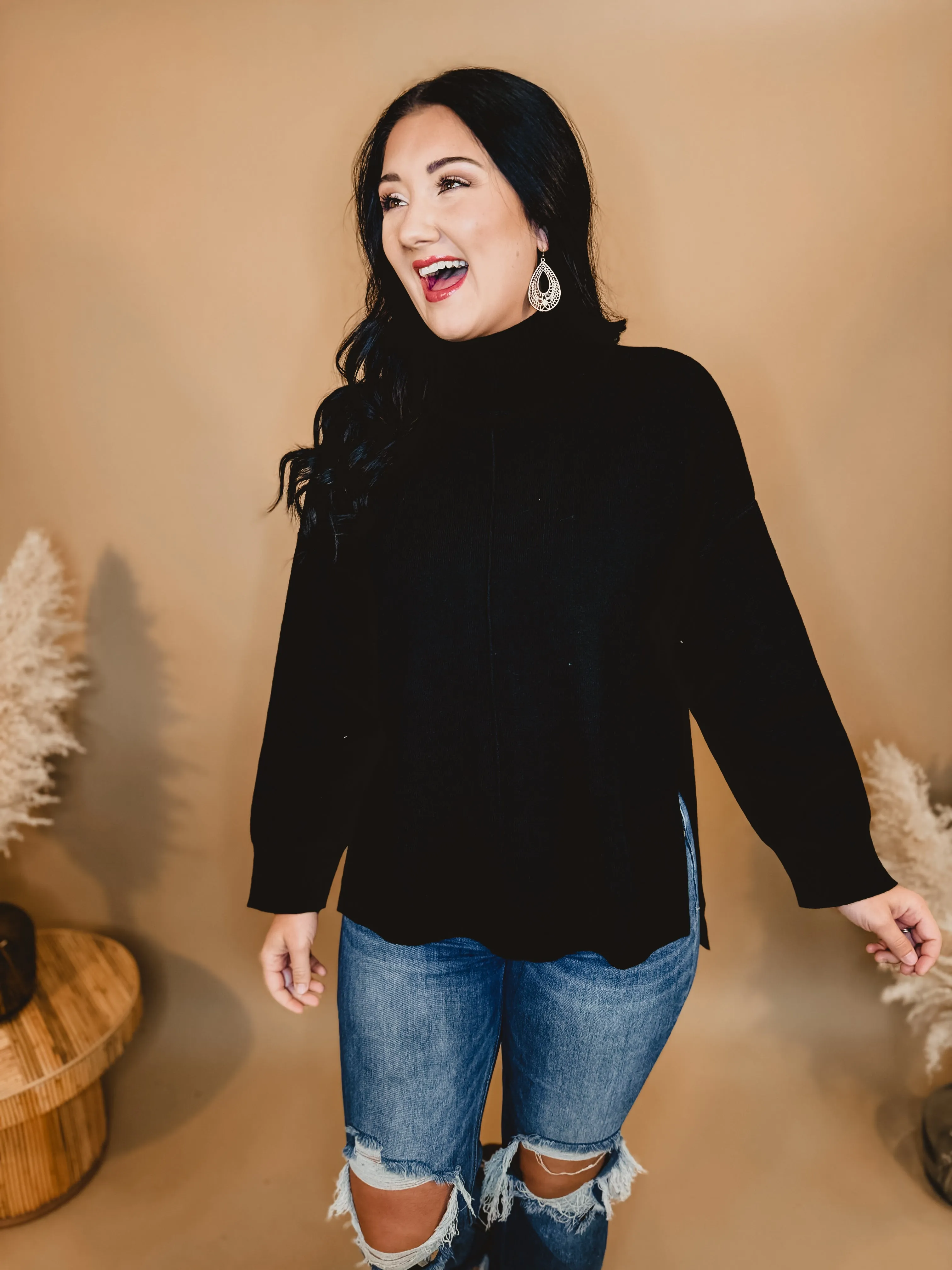 Mock Neck Front Seam Sweater - Black