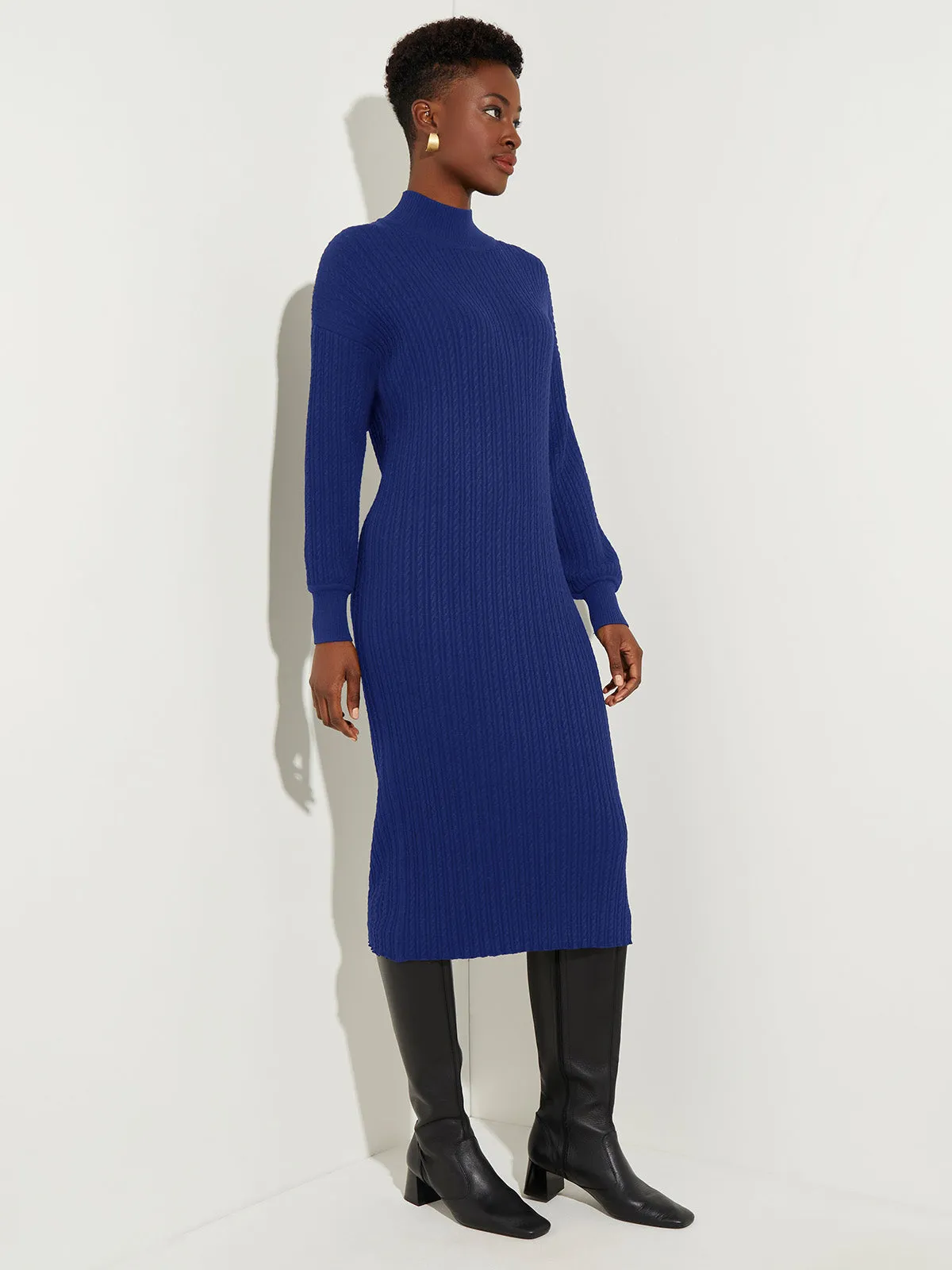 Mock Neck Soft Cable Knit Sweater Dress