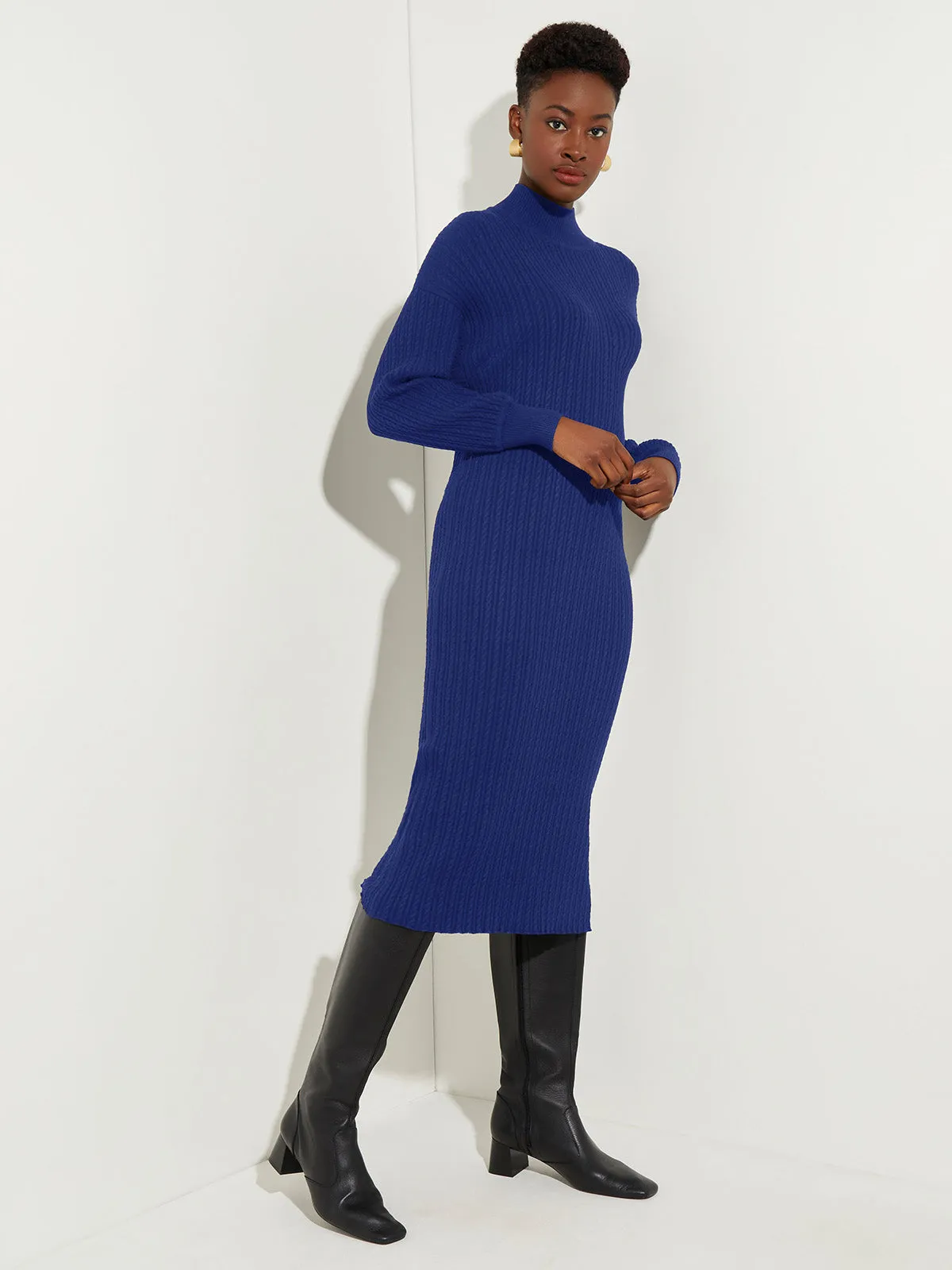 Mock Neck Soft Cable Knit Sweater Dress