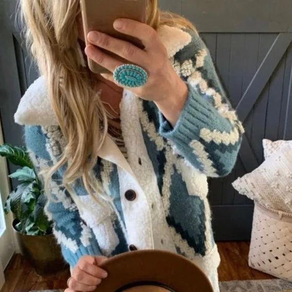 Montana Native Knit Sherpa Sweater Jacket in Blue