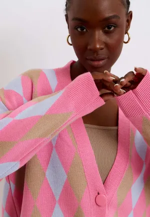 Multicoloured Button-Up Cardigan - Pink