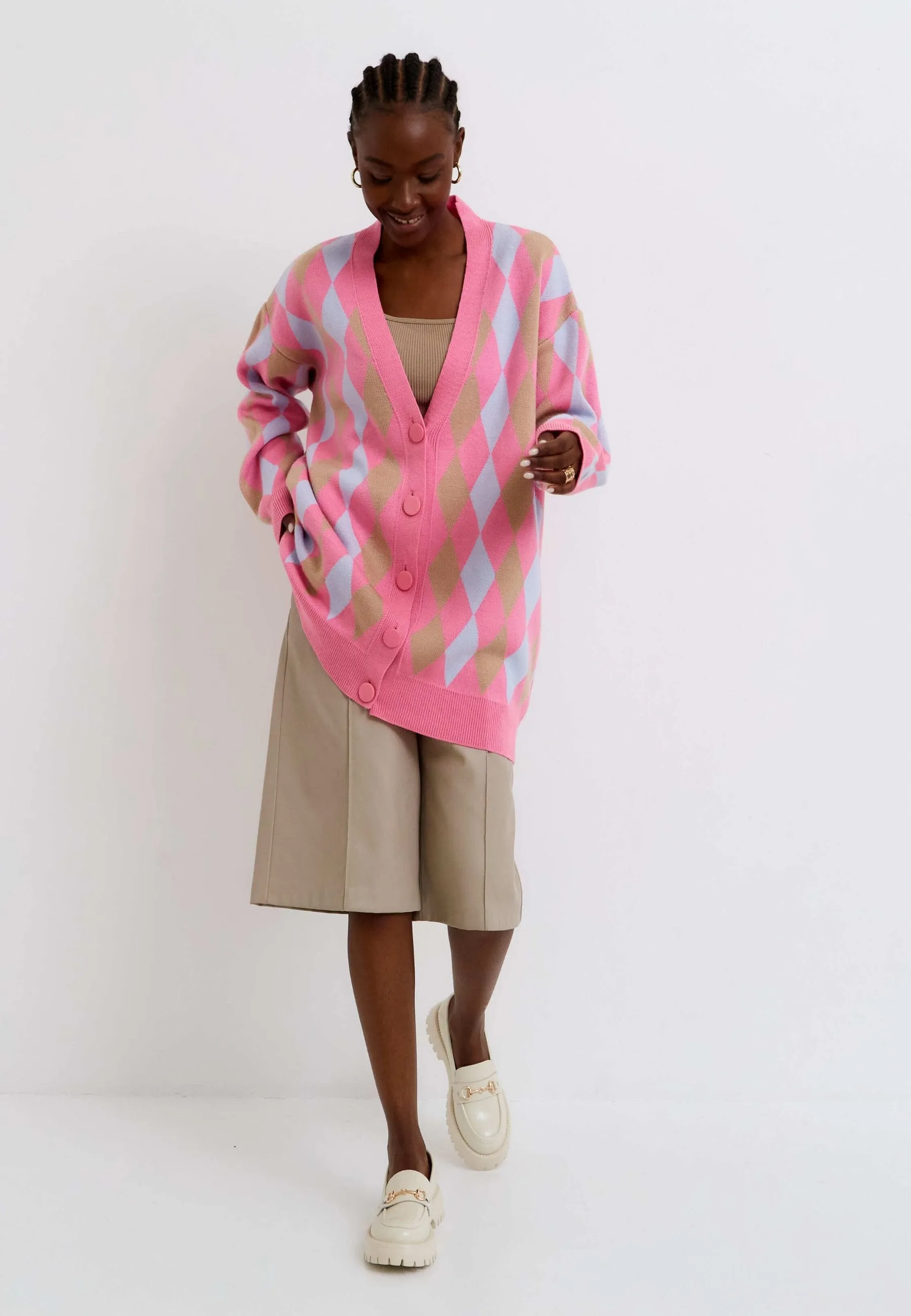 Multicoloured Button-Up Cardigan - Pink