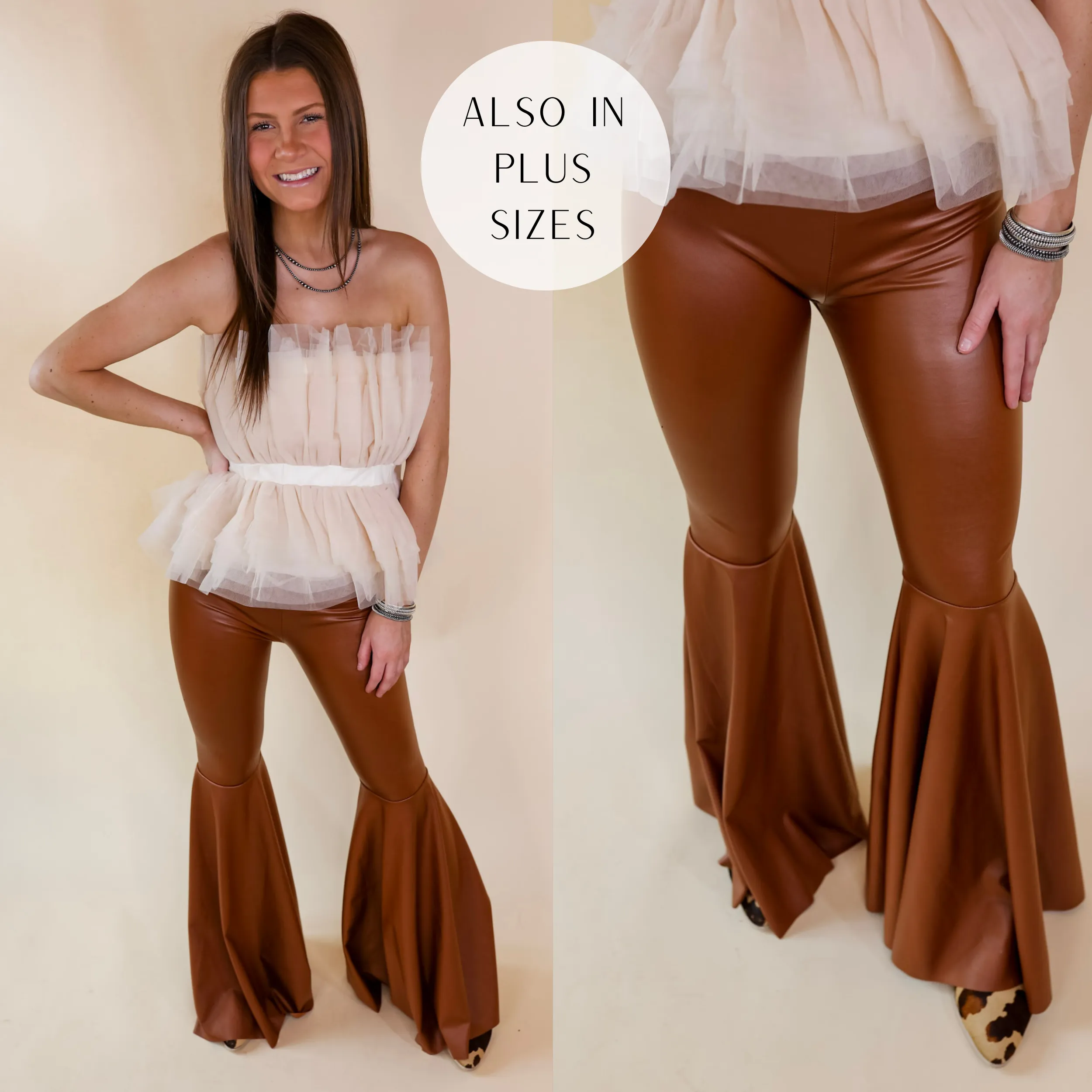 Nearly Famous Faux Leather Bell Bottom Pants in Camel Brown