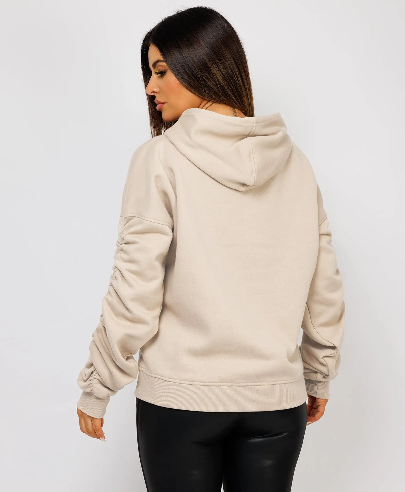 Oatmeal Ruched Sleeve Oversized Fit Hoodie