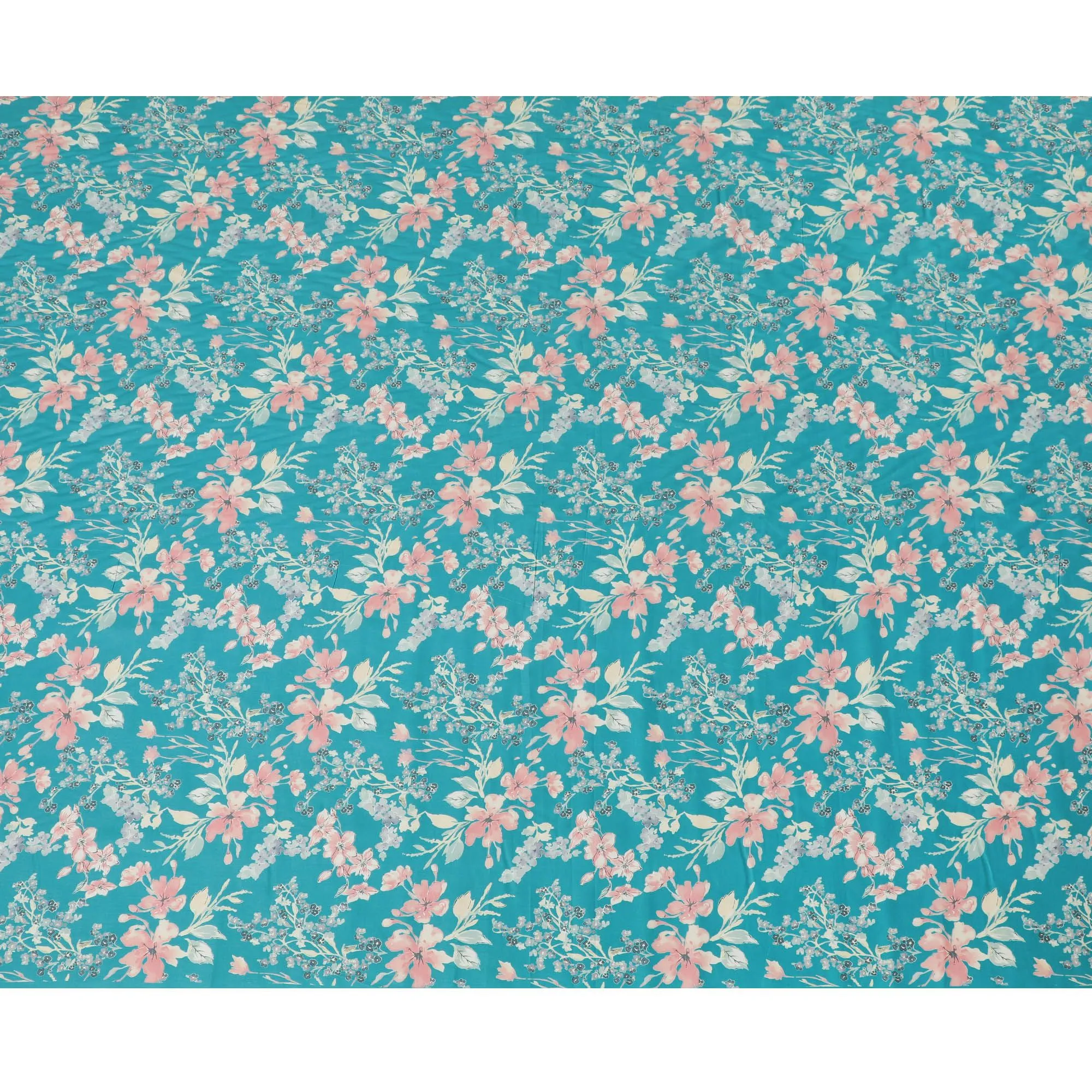 Ocean blue cotton satin fabric with multicolor print in floral design-D16774