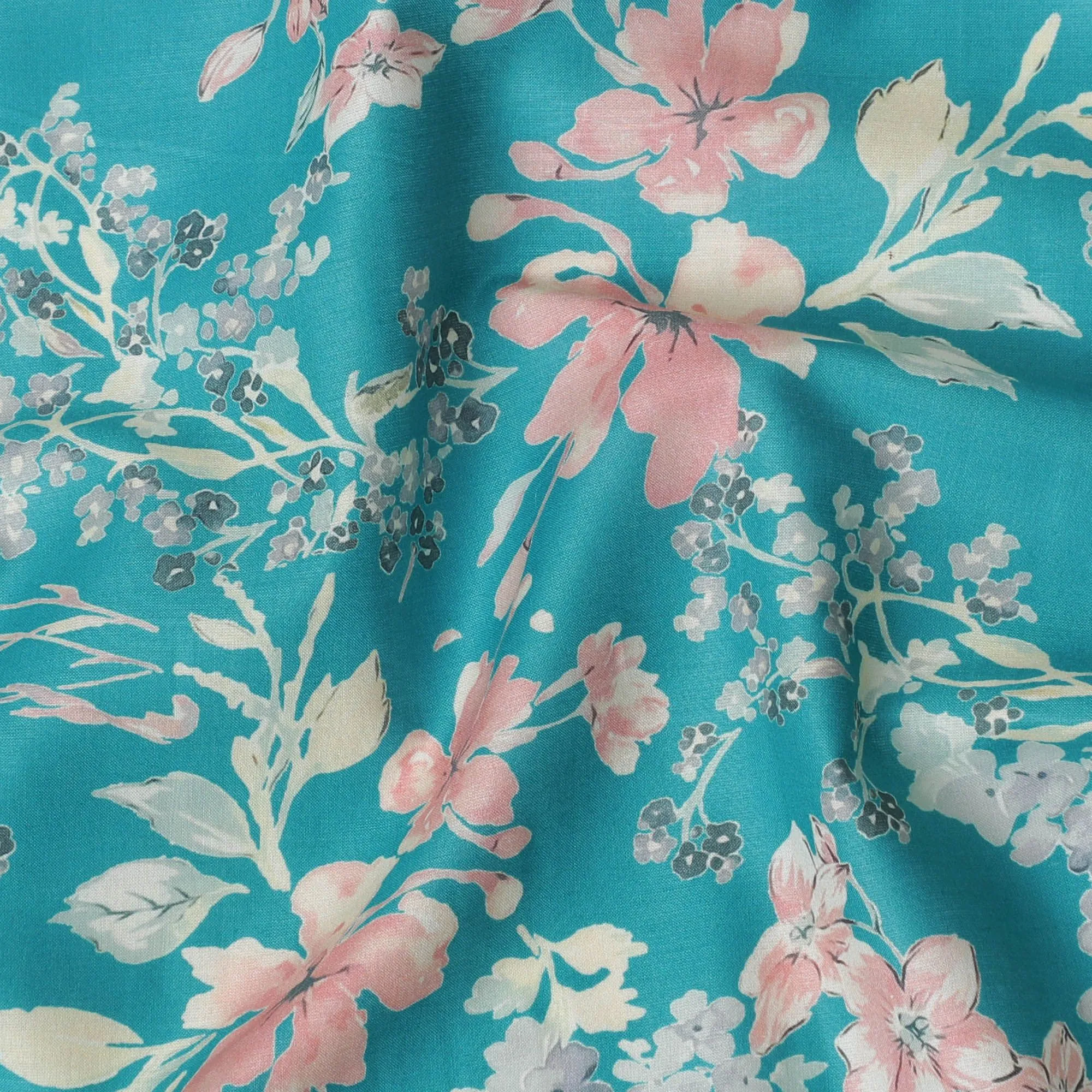 Ocean blue cotton satin fabric with multicolor print in floral design-D16774