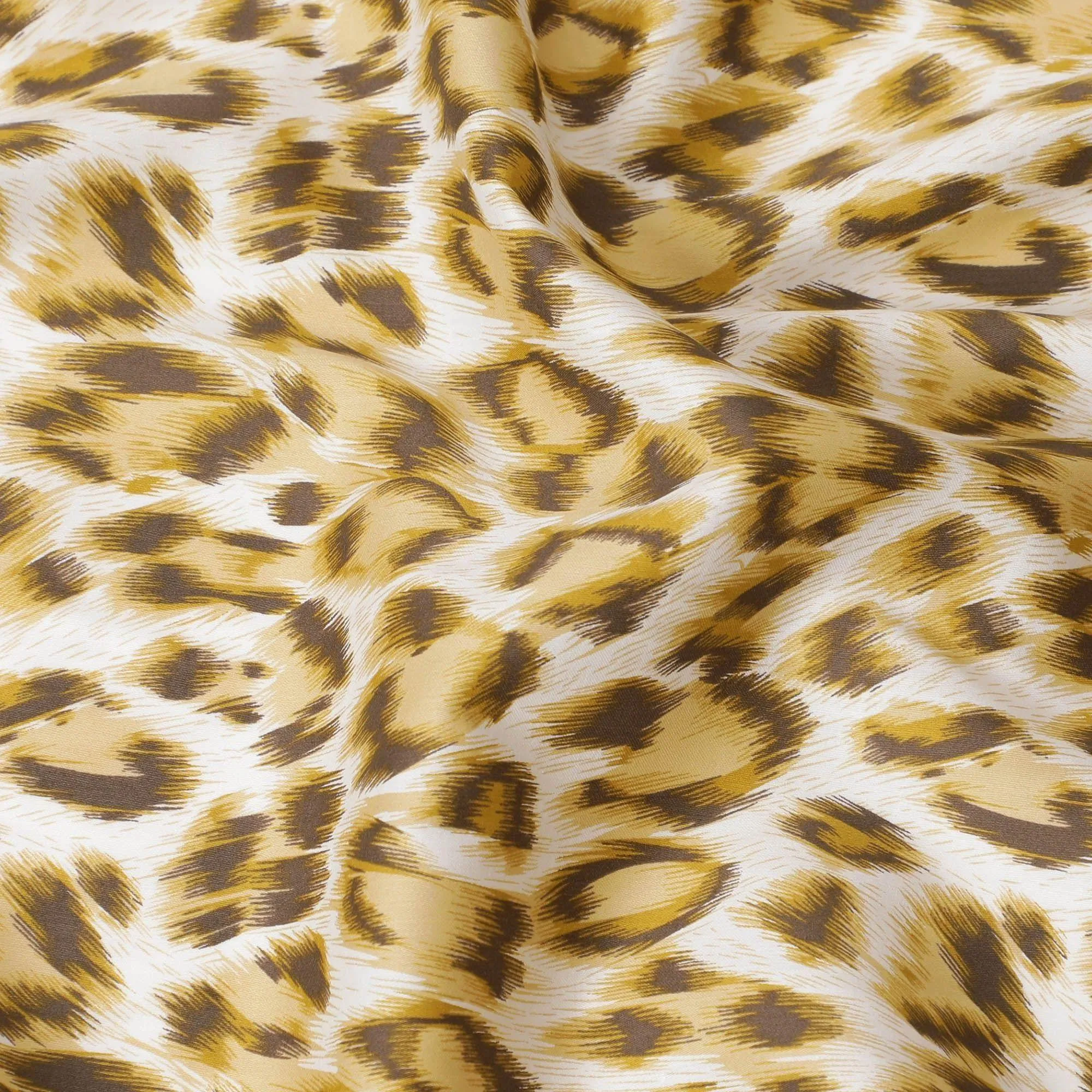 Off white cotton satin fabric with light mustard and brown print in animal skin design-D6996