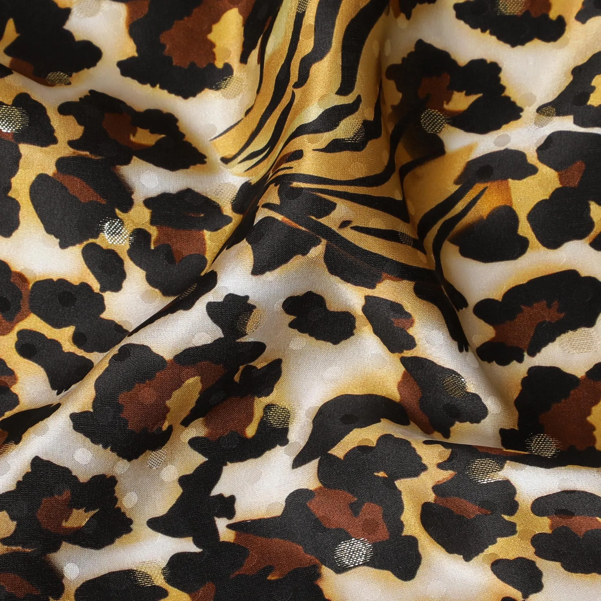 Off white Premium pure silk satin fabric with multicolor print having gold metallic lurex in animal skin design-D17069