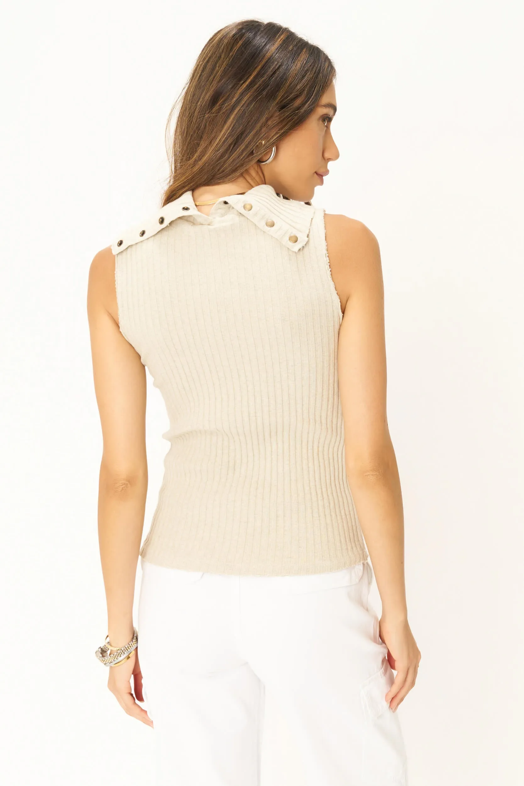 Out Here Snap Collar Sweater Rib Tank - Oat Milk