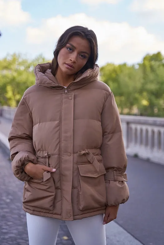 Oversized Bow Short Parka Camel