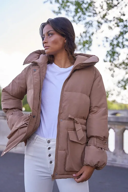 Oversized Bow Short Parka Camel