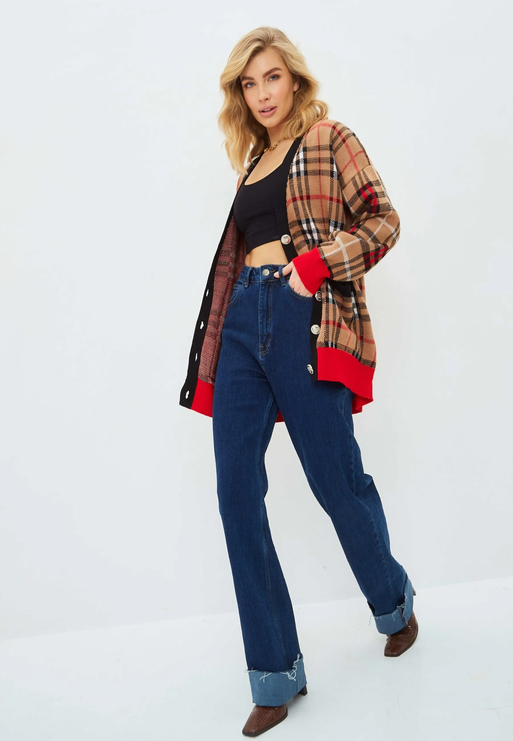 Oversized Plaid Knit Cardigan