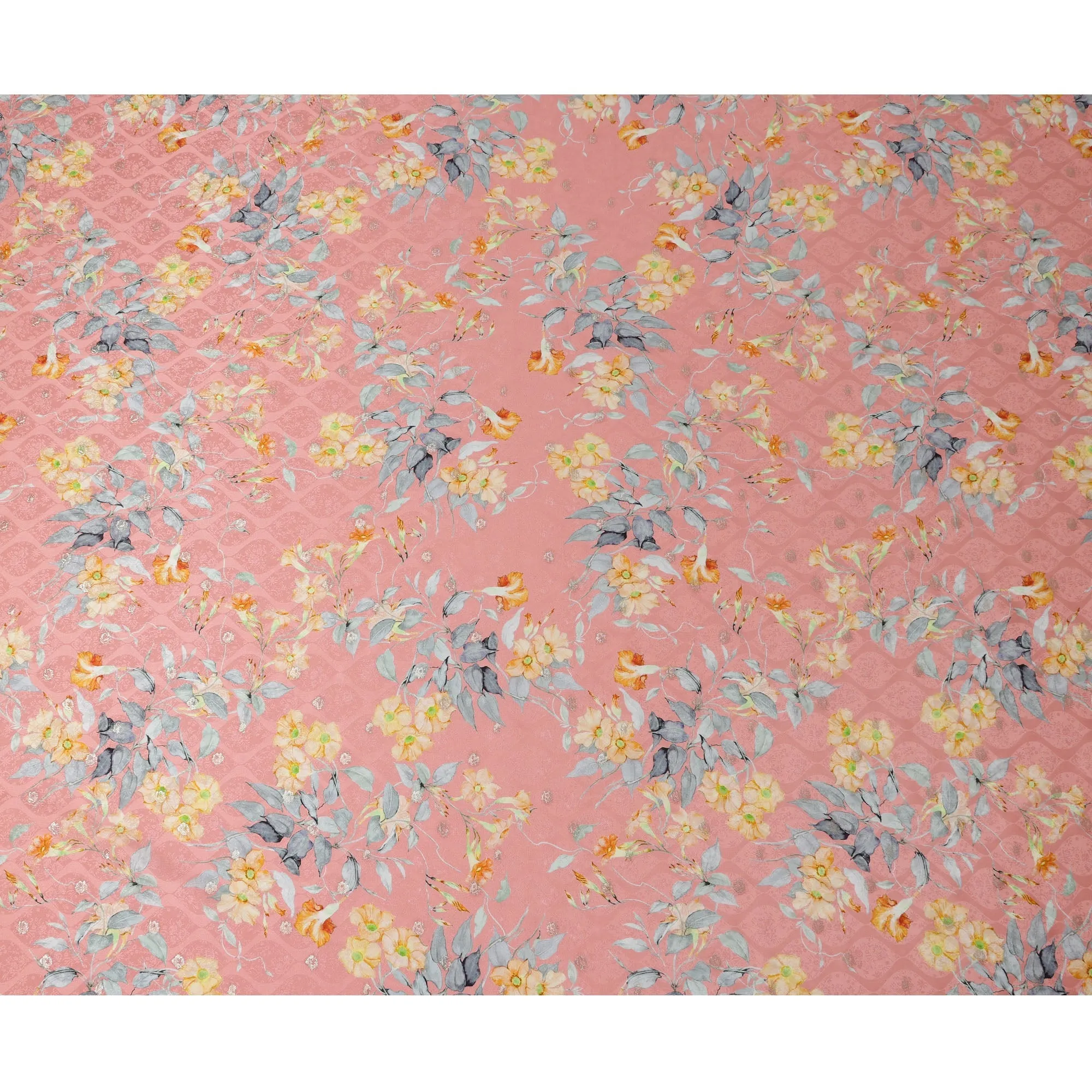 Peach Floral Silk Satin Fabric with Metallic Accents, Width 140 cm, South Korea-D21286