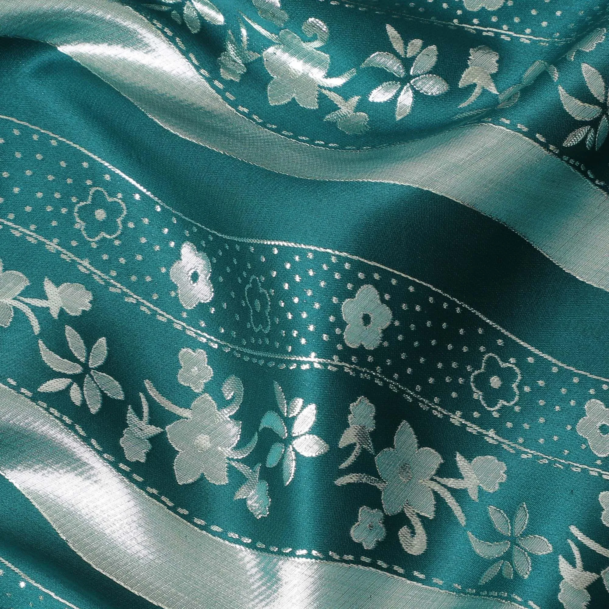 Petrol green pure silk satin fabric with same tone and silver film metallic in stripe design-D11049